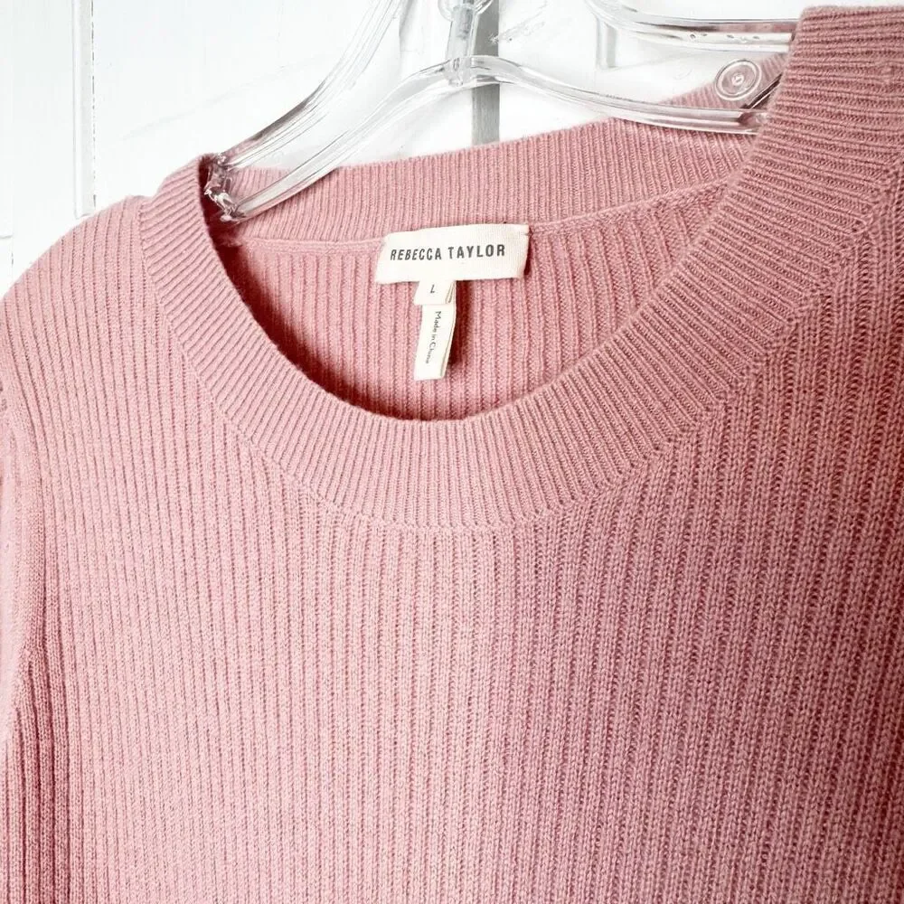 REBECCA TAYLOR 100% Cashmere Sweater Crew Neck Puff Sleeve Ribbed Pink Size L